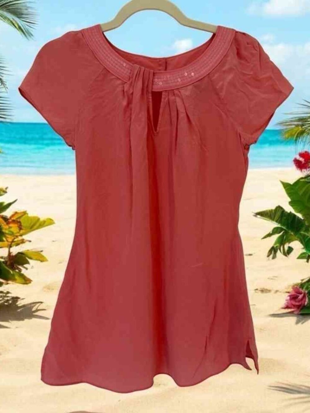 Women’s Coral Pink Embellished Neck Short Sleeve Top